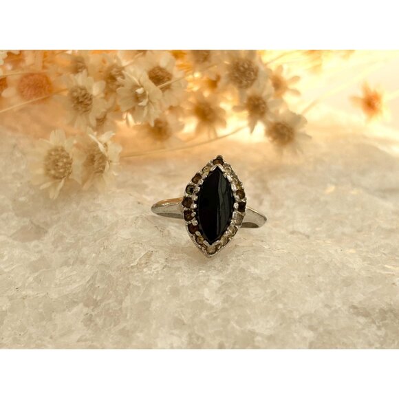 Art Deco Black Onyx & CZ Multi Gemstone Silver Toned Vintage Ring - sz 7 - Picture 10 of 10